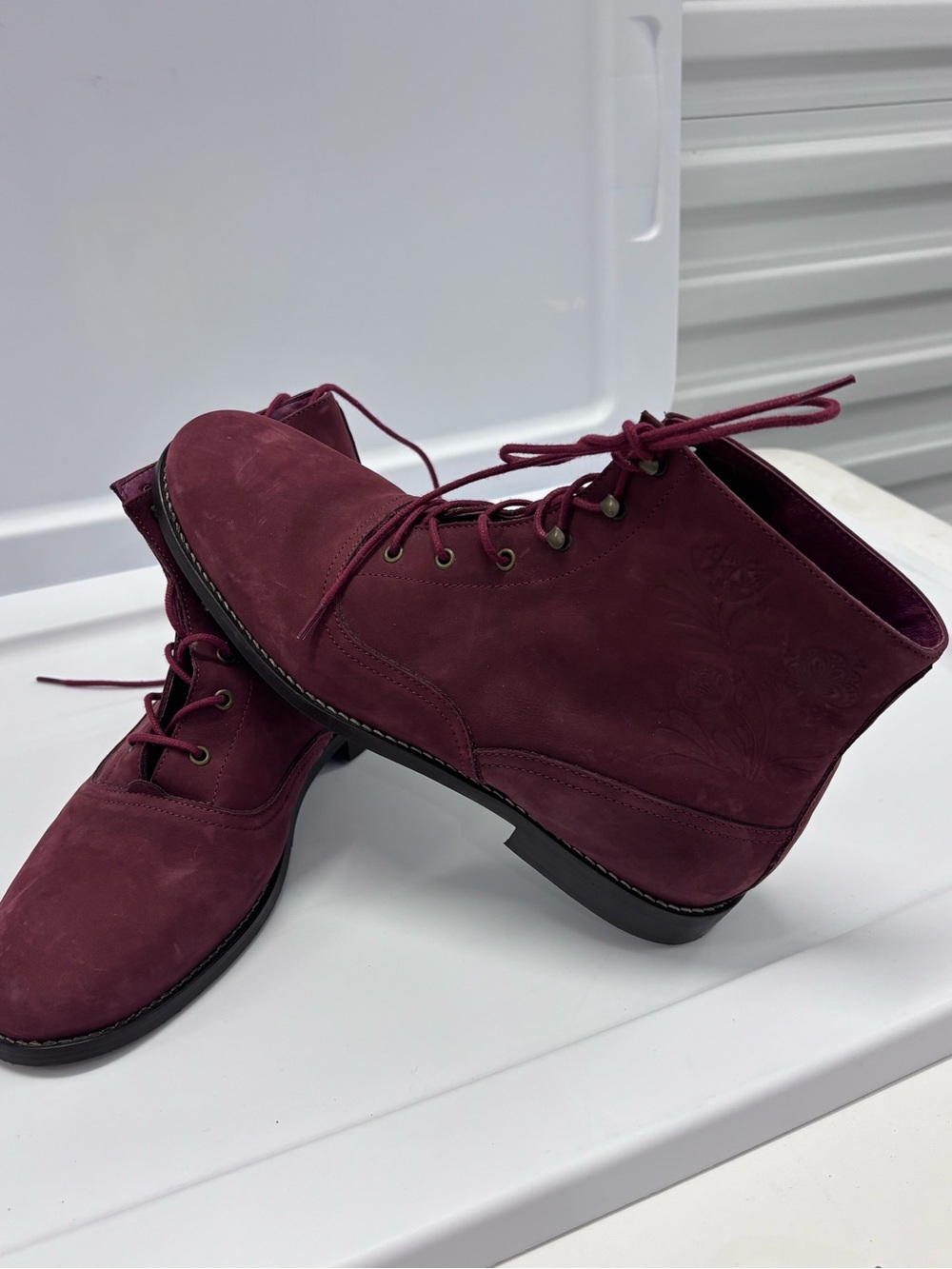 Gudrun Sjoden Burgundy Leather Floral Embossed Lace Up Ankle Boots 42 US 10